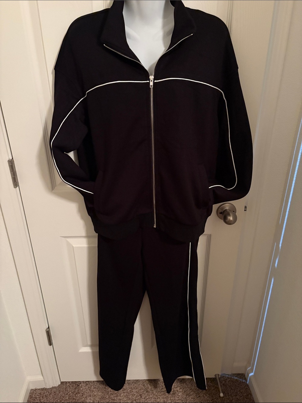 Black Track Jacket and Pants Set with White Piping